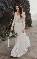 Modest Long Sleeve Simple Wedding Dress Lace Boho Courthouse Bridal Gown