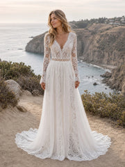 Modest Long Sleeve Simple Wedding Dress Lace Boho Courthouse Bridal Gown