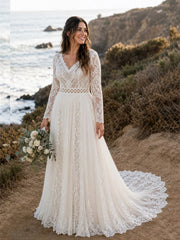 Modest Long Sleeve Simple Wedding Dress Lace Boho Courthouse Bridal Gown