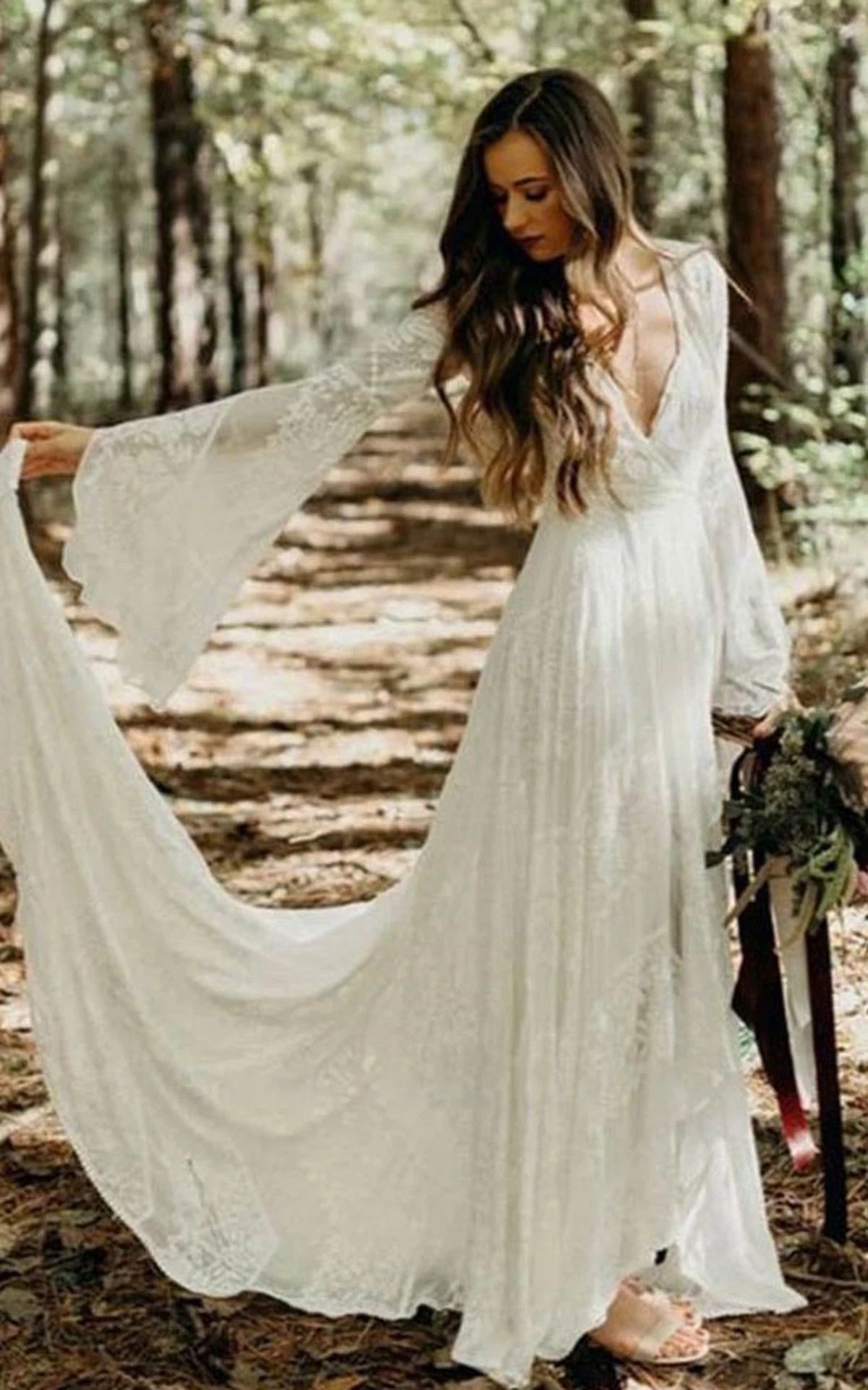 Boho Bell Long Sleeve Wedding Dress Vintage Lace Casual Bridal Gown