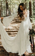 Boho Bell Long Sleeve Wedding Dress Vintage Lace Casual Bridal Gown