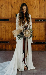 Boho Bell Long Sleeve Wedding Dress Vintage Lace Casual Bridal Gown