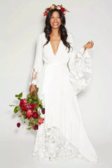 Boho Plus Size White Lace Wedding Dress Bell Sleeves Maxi Casual 1970s Women Gown