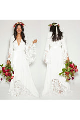 Boho Plus Size White Lace Wedding Dress Bell Sleeves Maxi Casual 1970s Women Gown