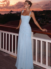 A Line Princess Evening Dresses Ruched Chiffon Spaghetti Straps Square Neck Floor Length Criss Cross Straps Wedding Guest Dress