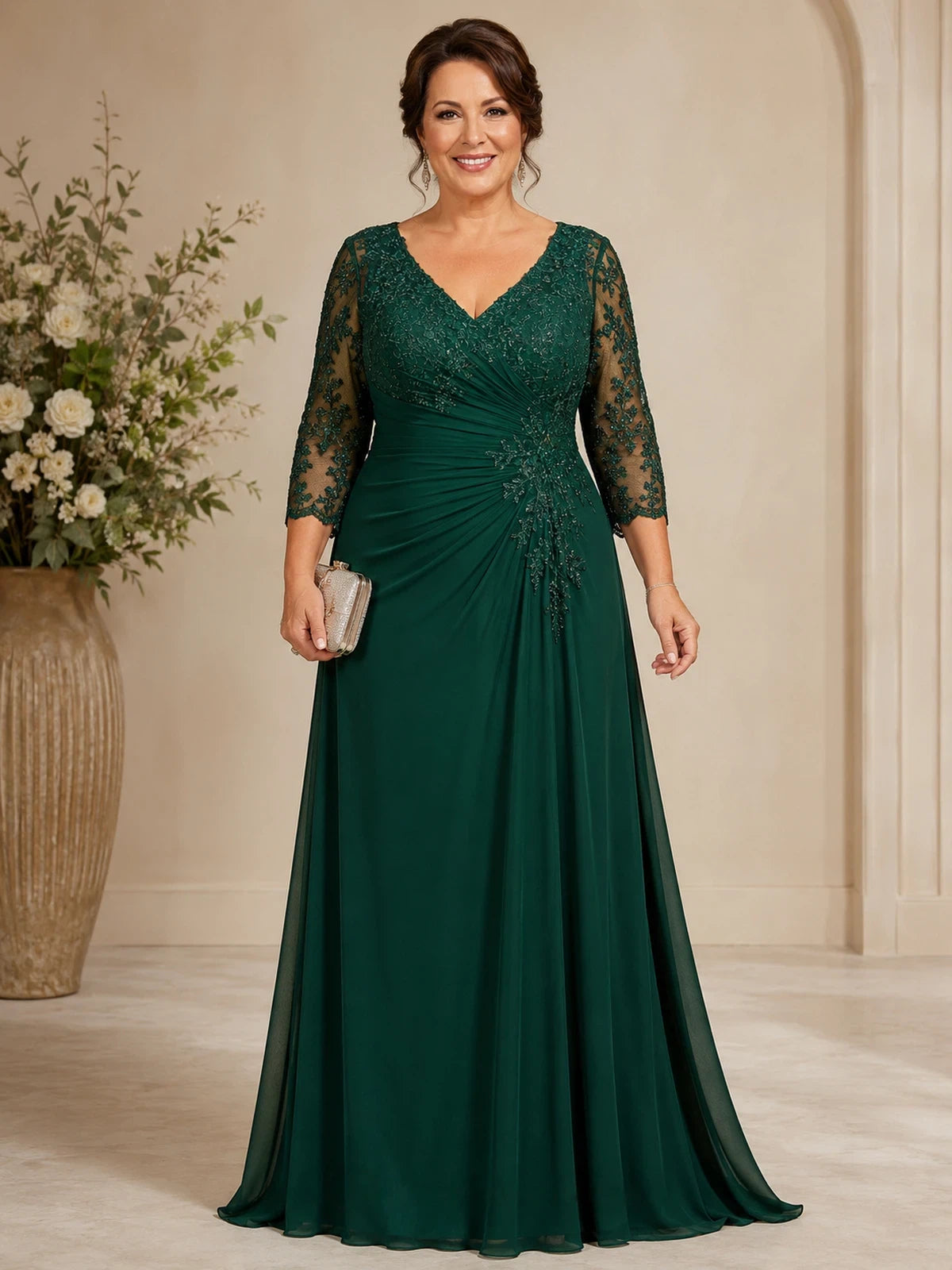 Dark Green V Neck Lace A Line Floor Length Mother of the Bride Gown