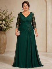 Dark Green V Neck Lace A Line Floor Length Mother of the Bride Gown