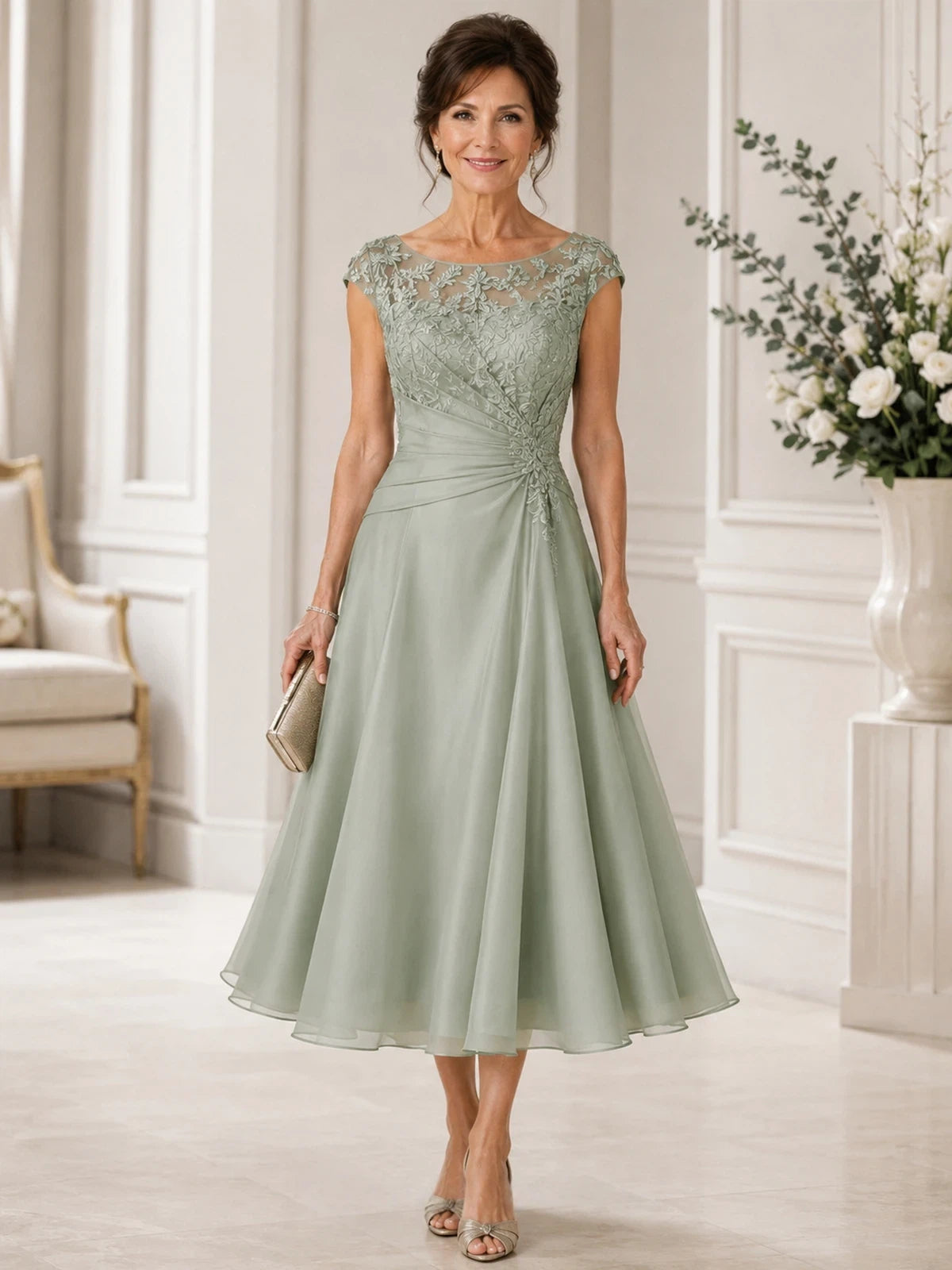 Celadon Bateau Jewel A Line Tea Length Lace Mother of the Bride Dress