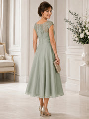 Celadon Bateau Jewel A Line Tea Length Lace Mother of the Bride Dress
