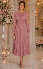 Jewel Neck Long Sleeve Chiffon Tea Length Mother of the Bride Dress