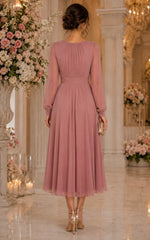 Jewel Neck Long Sleeve Chiffon Tea Length Mother of the Bride Dress