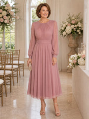 Jewel Neck Long Sleeve Chiffon Tea Length Mother of the Bride Dress