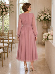 Jewel Neck Long Sleeve Chiffon Tea Length Mother of the Bride Dress