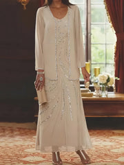 Sheath Column V Neck Ankle Length Mother of the Bride Dress with Jacket and Sequins Beading