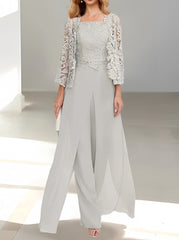 Chiffon Square Neck Floor Length Mother of the Bride Pantsuits with Jacket and Split Side