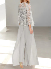 Chiffon Square Neck Floor Length Mother of the Bride Pantsuits with Jacket and Split Side