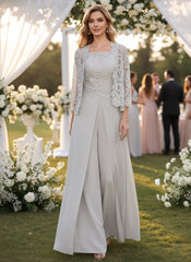 Chiffon Square Neck Floor Length Mother of the Bride Pantsuits with Jacket and Split Side