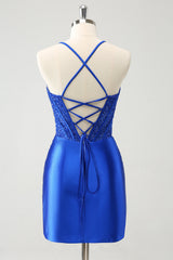 Sparkly Satin Corset Bodycon Mini Homecoming Dress with Spaghetti Straps and Lace Up Back