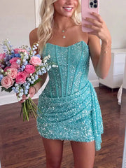 Sheath Column Sweetheart Sequin Homecoming Dress with Sash, Corset Detail and Back Zipper