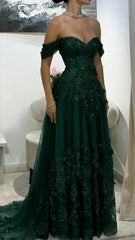 Off Shoulder Appliques Tulle A Line Corset Prom Dress