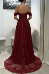 Off Shoulder Appliques Tulle A Line Corset Prom Dress