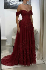 Off Shoulder Appliques Tulle A Line Corset Prom Dress