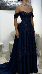 Off Shoulder Appliques Tulle A Line Corset Prom Dress