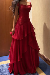 Burgundy Sparkly Sequined Cap Sleeve Tiered Chiffon Ruched Bodice Long Prom Dress