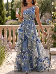 A Line Princess One Shoulder Sleeveless Floor Length Embroidered Ruffle Pleat Mother of the Bride Dress
