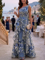 A Line Princess One Shoulder Sleeveless Floor Length Embroidered Ruffle Pleat Mother of the Bride Dress