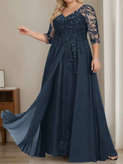 A Line Princess V Neck Half Sleeves Floor Length Sequin Mother of the Bride Dress