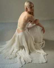 Chic Beige Pleated Strapless Contrast Color Stitching Prom Dress