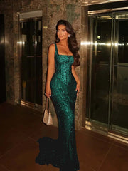Square Neck Sleeveless Beaded Mermaid Prom Dress