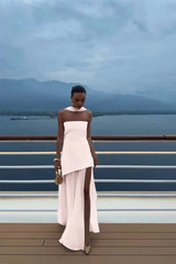Strapless Satin Chiffon Split Long Summer Prom Dress