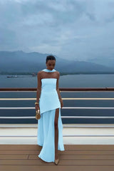 Strapless Satin Chiffon Split Long Summer Prom Dress