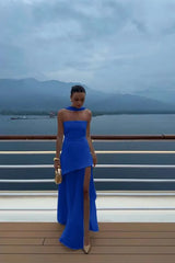 Strapless Satin Chiffon Split Long Summer Prom Dress