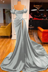 Off the Shoulder Long Slit Pleated Prom Dress