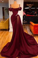 Off the Shoulder Long Slit Pleated Prom Dress