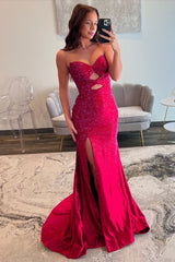 Strapless Beaded Split Prom Dress with Bow Neckline
