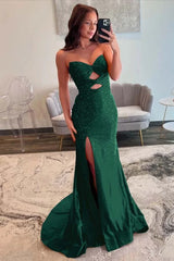 Strapless Beaded Split Prom Dress with Bow Neckline