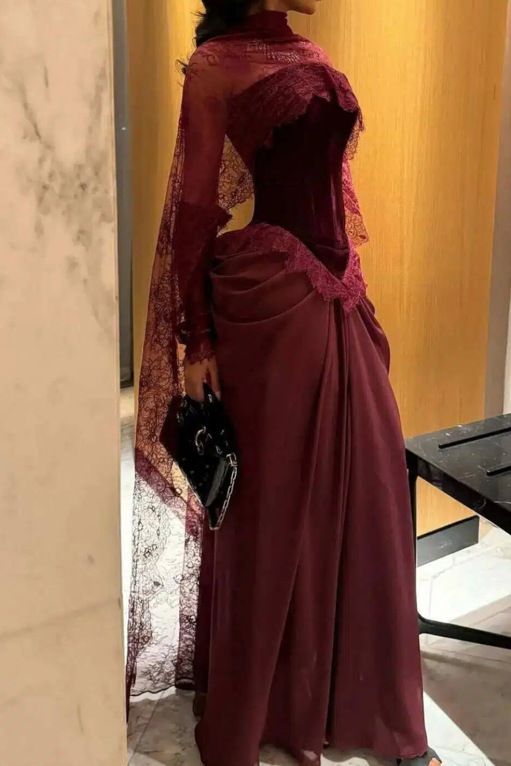 High Neck Long Sleeve Lace Sheath Evening Dress