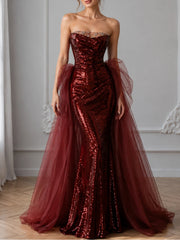Strapless Mermaid Sequins Tulle Prom Dress