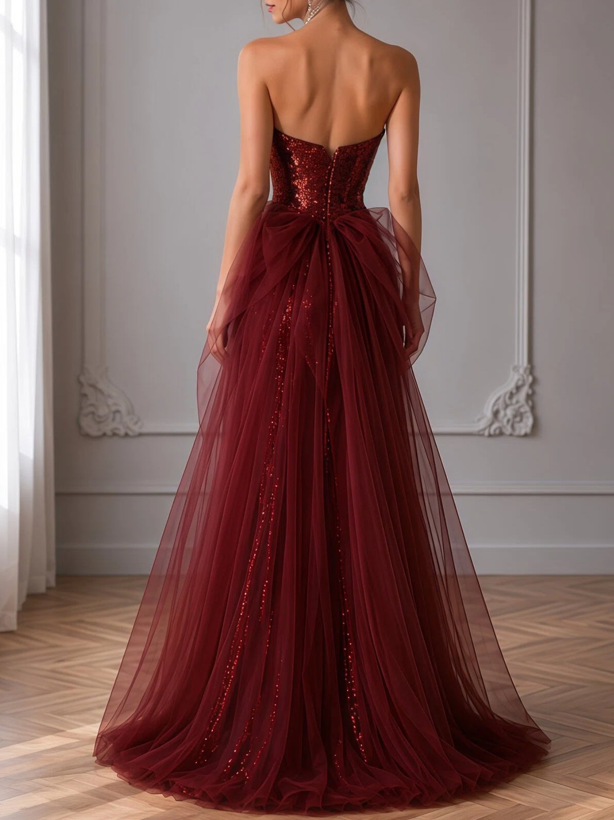 Strapless Mermaid Sequins Tulle Prom Dress