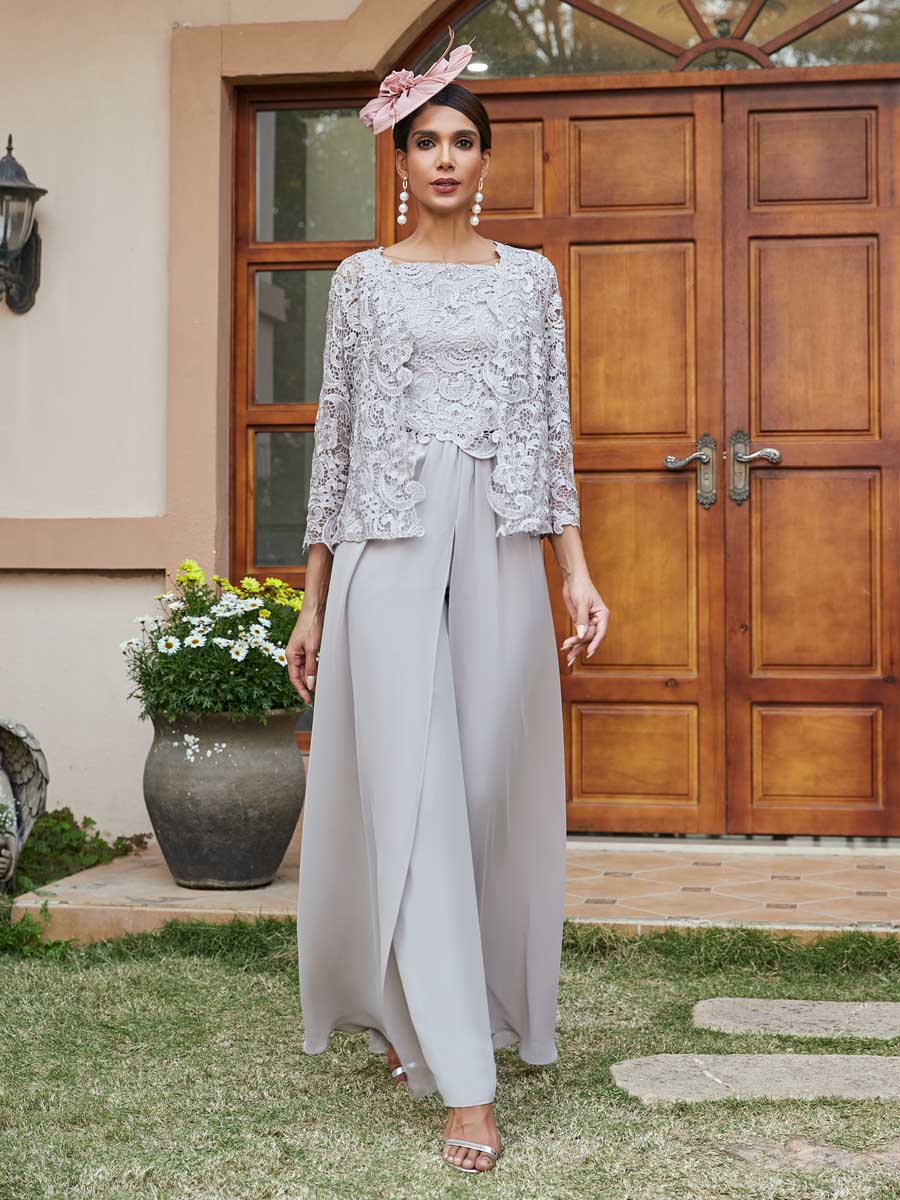 Mother of the Bride 3 Pieces Pantsuits Square Neck Lace Chiffon with Appliques and Jacket