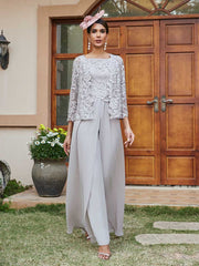 Mother of the Bride 3 Pieces Pantsuits Square Neck Lace Chiffon with Appliques and Jacket