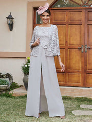 Mother of the Bride 3 Pieces Pantsuits Square Neck Lace Chiffon with Appliques and Jacket