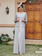 Mother of the Bride 3 Pieces Pantsuits Square Neck Lace Chiffon with Appliques and Jacket