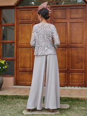 Mother of the Bride 3 Pieces Pantsuits Square Neck Lace Chiffon with Appliques and Jacket