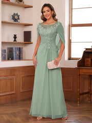 A Line Princess Illusion Scoop Mother of the Bride Dress with Appliques Ruched Bodice and Cape