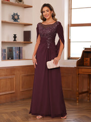 A Line Princess Illusion Scoop Mother of the Bride Dress with Appliques Ruched Bodice and Cape